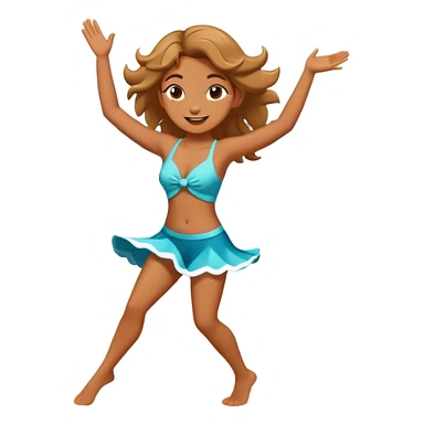 Dancing cartoon character on a sunny beach with sunlight highlighting them, playful pose, ocean waves in background sticker