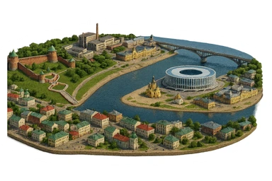 Изометричная миниатюрная фотореалистичная 3D модель панорамы Нижнего Новгорода - Нижегородский Кремль, Стрелка между Окой и Волгой, стадион Нижний Новгород, ГАЗ, Чкаловская лестница, Борский Мост через Волгу, Нижегородская ярмарка, нижегородские дома, автотранспорт четкие линии, яркие цвета, люди, компактная композиция, вид сверху в изометрии, прозрачный фон sticker