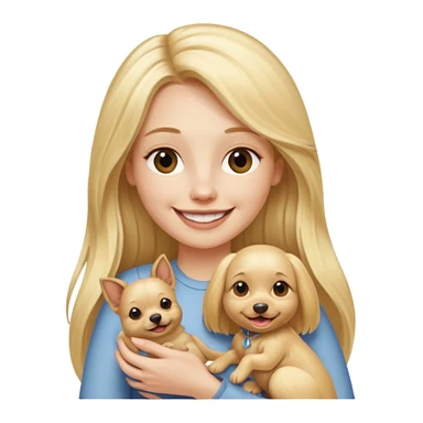pale-skinned woman with very long blonde hair holding a dog sticker