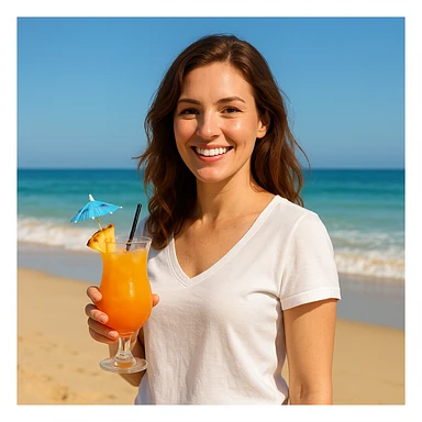 take this picture of a woman and make it  beach photo with drink sticker