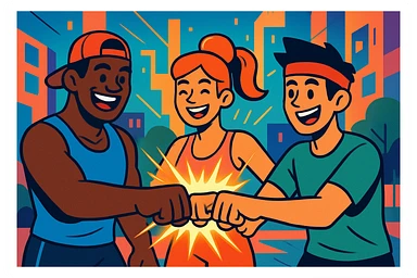 A group of three sporty characters smiling and fist bumping, surrounded by glowing energy, in an urban cartoon style with vibrant colors and a fitness vibe. sticker