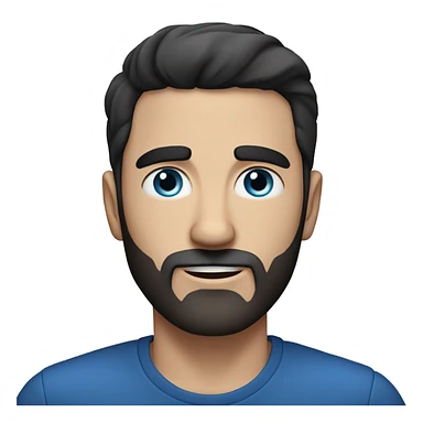 White man with black hair, short beard, rounded face, blue eyes, thick and slightly pointy eyebrows, short hair. sticker