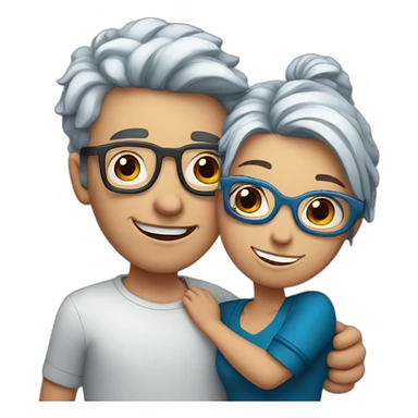 a boy with silver hair and a curvy girl with red hair and blue glasses hugging sticker