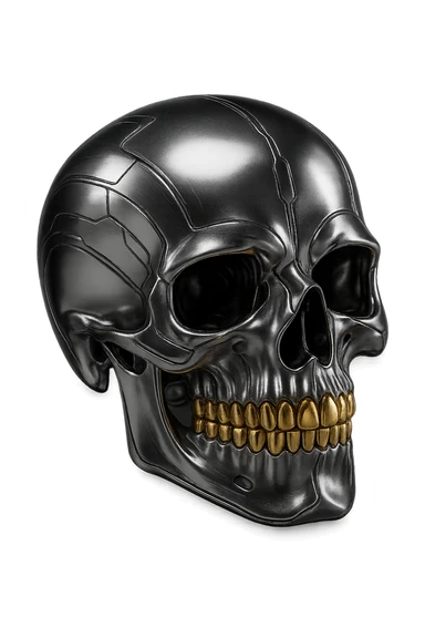 Add gold teeth to the 3d metallic chrome skull, keep the reflective futuristic look, with no background. sticker
