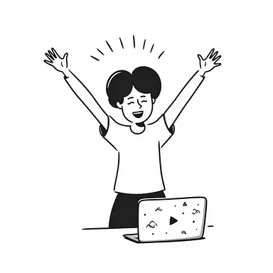 college student smiling in front of a laptop, arms raised in a hooray position, doodle style sticker