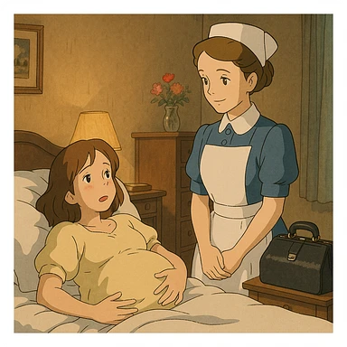 A british midwife from the 1940s standing at the bedside of a pregnant young mother who is about to give birth.  The room is from the 1940s and the midwife has her medical bag on a table on the side. sticker