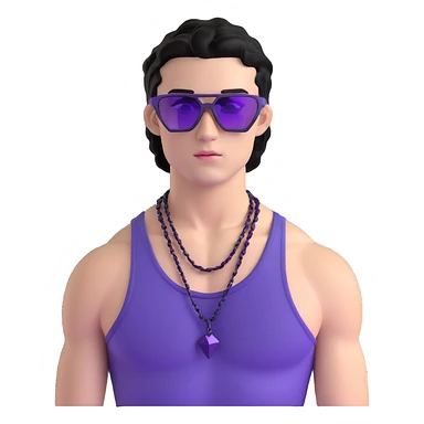 shirtless male athlete with white skin and moderately curly black hair on top with shaved sides, wearing sharp angular geometric purple sunglasses with very dark heavily tinted black lenses, and a simple plain black chain necklace, no earrings sticker