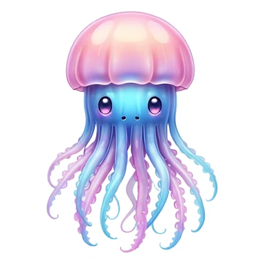 Cinematic floating kawaii jellyfish, tiny round body, soft glowing tentacles, pastel pink and blue hues, delicate sparkling highlights, dreamy and adorable. sticker