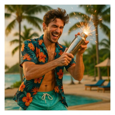 human male Unbuttoned Hawaiian shirt, swim trunks, shaking a cocktail shaker (sparks flying) sticker
