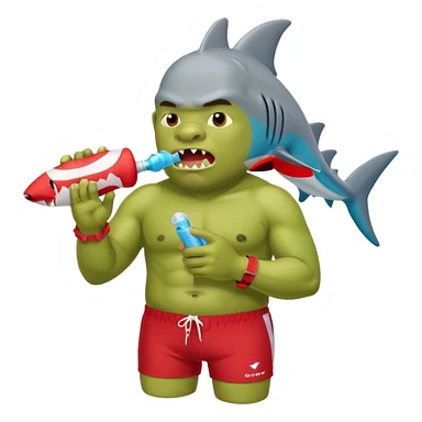 orc male in shark floatie, blowing whistle. Red swim trunks sticker