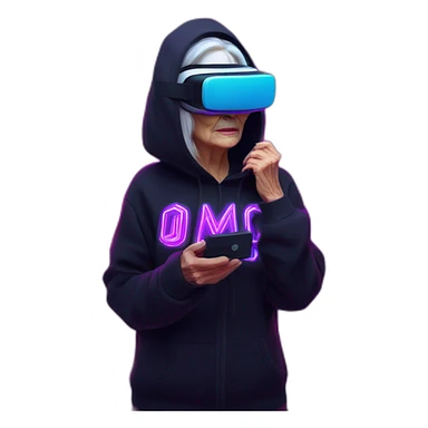 Russian old woman wearing a black hoodie with "OMG" letters on it and VR headset in a cyberpunk VR environment with violet neon lighting. sticker