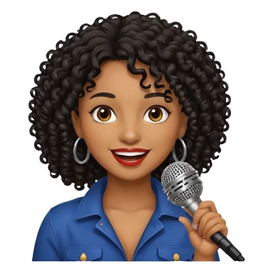 brown skin woman, curly black hair, singer, hold micro sticker