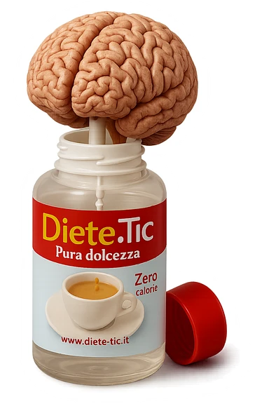 boccetta di dolcificante aperta da cui dentro esce un cervello anatomico umano, iperrealistico 4k sticker