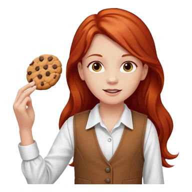 white girl scout with red long hair selling cookies with a brown vest and white shirt under vest. She should be around 10 years old sticker