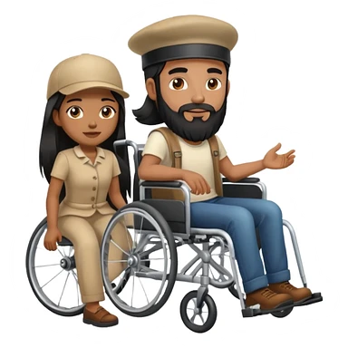 Beige skin man with a beard and cap in a wheelchair and a brown skin woman with long black hair in a wheelchair  sticker