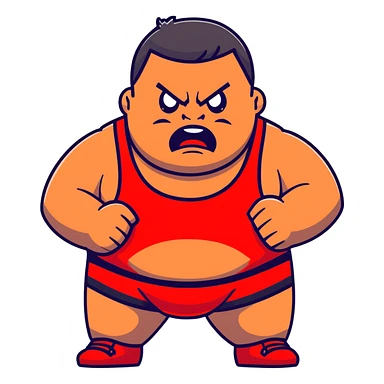 Close-up of white skin fat guy with young face, no muscle with prominent black durag, completely shaved face, no beard or mustache, black eyes in a red and black wrestling singlet with angry face sticker