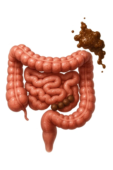 INTESTINO UMANO ANATOMICO REALISTICO CON FECI A PALLINE E FECI LIQUIDE CHE FLUTTUANO DIETRO BEN DISTINTE, IPERREALISTICO 4K sticker