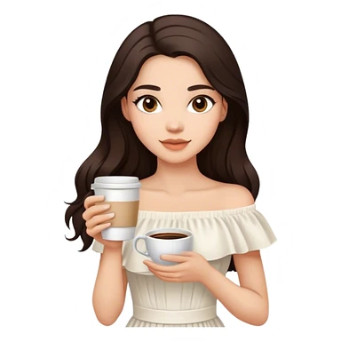 Beautiful woman in 1950’s woman fashion look, off-shoulder white dress, long dark brown hair, coffee sticker