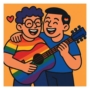 rainbow guitar being played by a joyful gay couple sticker
