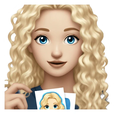 White girl with blue eyes and curly blonde hair holding a kpop photo card of newjeans sticker