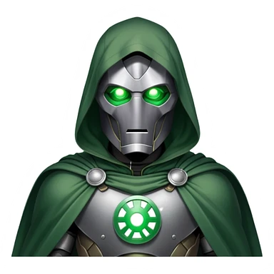 Doctor Doom standing with glowing green eyes visible through his metal mask, wearing green cloak sticker