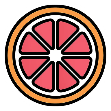 outlined icon of a pink grapefruit slice, top-down view, minimal and clean design, 3-4 colors, orange, white, and pink palette sticker