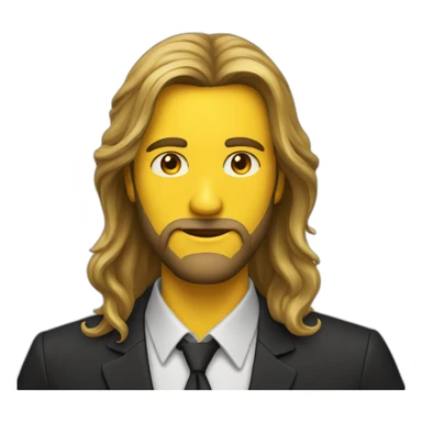 A man with long hair, a beard and a black shirt behind a yellow suit sticker