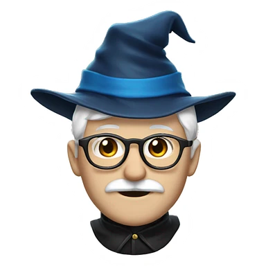 man with white skin,hair is straight and black, a black mustache, glasses, with a magic hat, ravenclaw sticker