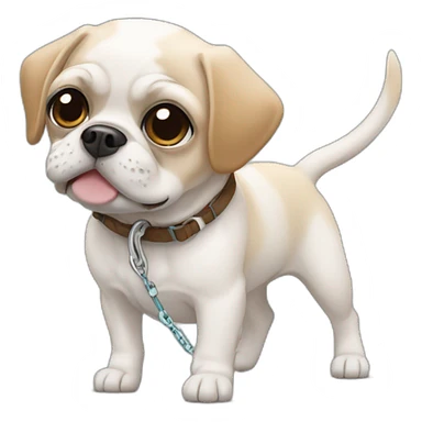 White Puggle with brown ears pulling on leash sticker