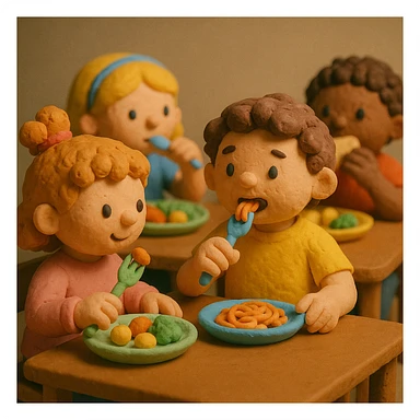 Children eating, matte, plasticine claymation with visible fingerprints and pastel colors. sticker