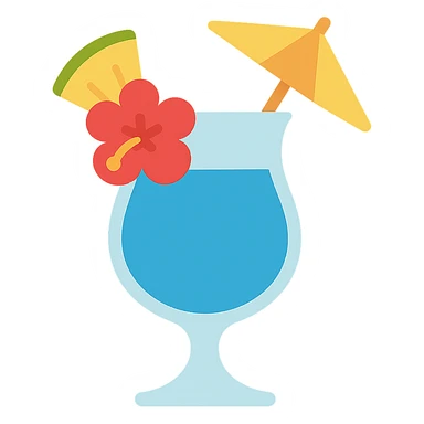 blue tropical cocktail with hibiscus, pineapple, and paper umbrella garnish sticker