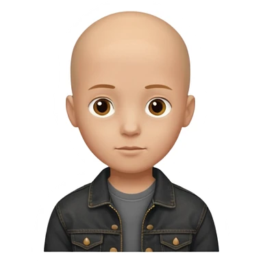  a young boy with bald head, black jeans jacket, plain forehead sticker