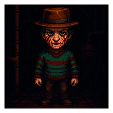 Add a spooky, nightmarish background with a boiler room and dark shadows behind Freddy Krueger, keep pixel art style sticker