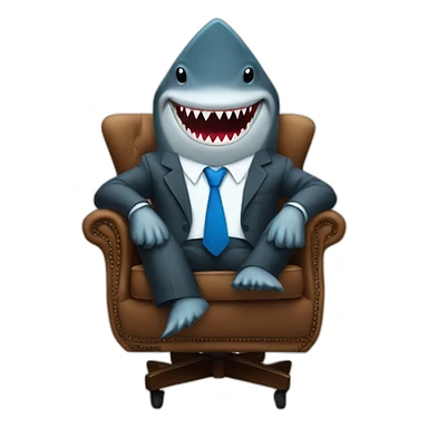 A shark wearing a suit looking straight while sitting in a brown chair with a blue tie sticker
