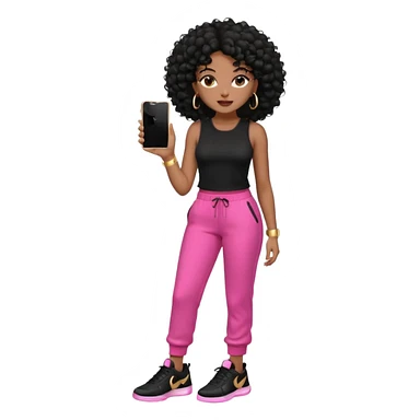Black woman, adult, 4C black curly hair, dark brown eyes, wearing black top, pink pants, black sneakers, gold hoop earrings, iPhone emoji style sticker