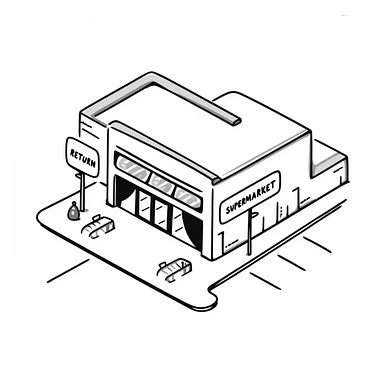 Isometric supermarket building with glass entrance, shopping cart return areas, and parking spaces sticker