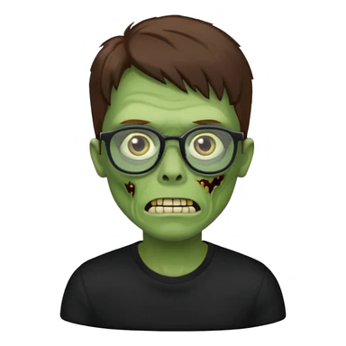 Green zombie, brown hair, black glasses, black shirt. iOS style. sticker
