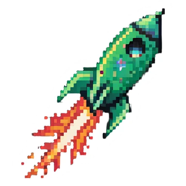 green to red gradient rocket flying diagonally to the upper right corner, with pixel art flame trail sticker