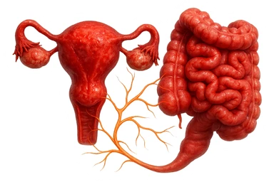 utero umano anatomico iperrealistico e intestino umano anatomico iperrealistico hanno in comune il dolore e l'infiammazione, rendi bene il collegamento tra i due organi doloranti, falla iperrealistica, non disegnata sticker
