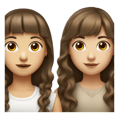 Two girls with white skin, shoulder-up. one has long wavy brown hair and the other has long straight brown hair with bangs. sticker