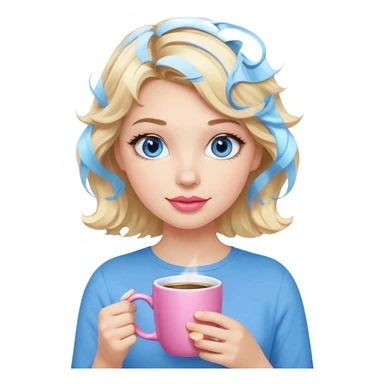 Girl Blonde short wavy hair,  blue eyes, cute blue top, long lashes, pink lips, holding coffee mug sticker