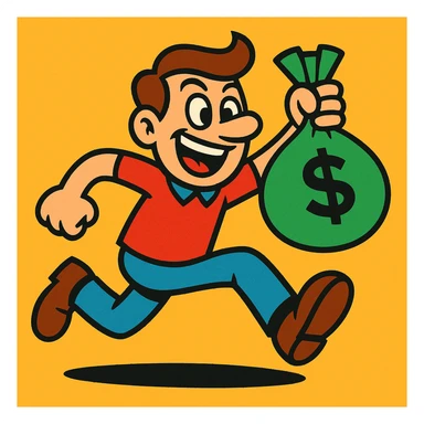 a cartoon character running away with a bag of money, energetic pose sticker
