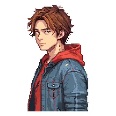 Pixel art character, young man with dark jacket, red hoodie, brown messy hair, jeans, scar on left eyebrow, confident face, retro arcade sprite style, side view sticker
