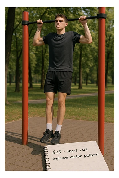 Giovane principiante dello streetlifting in un parco, fisico ancora asciutto, esegue lunghe serie di trazioni senza peso, con tecnica controllata. A terra, un taccuino con scritto '5x8 - riposo breve - migliorare schema motorio'. Espressione concentrata. Luce naturale, atmosfera educativa, senso di costruzione progressiva. sticker
