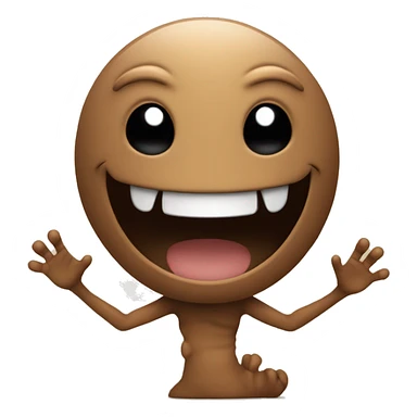 a smiling emoji, with shaking hand, in brown color, interpreting an alien creature sticker