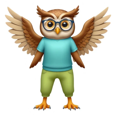 friendly anthropomorphised owl with wings instead of arms, colourful pants and shirt, wearing glasses, walking upright, unique pose 2 sticker