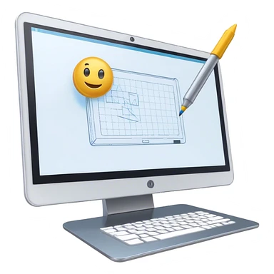 Create an emoji for 3D visualization and modeling. Show wireframe model that pops out from the screen of a large graphic tablet with a stylus drawing in a 3D modeling program. Use modern, professional colors. Do not include any emojis or smiley faces. Make the background transparent. sticker
