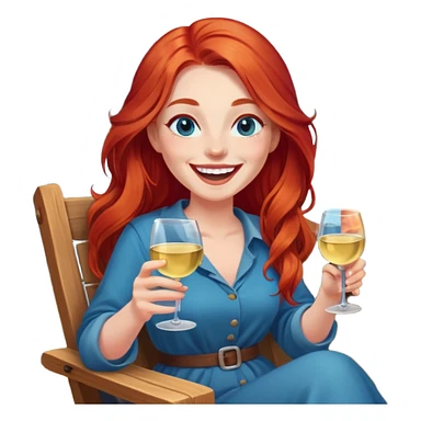 Laughing woman with long red hair and blue eyes holding white wine sitting in chair beside campfire sticker