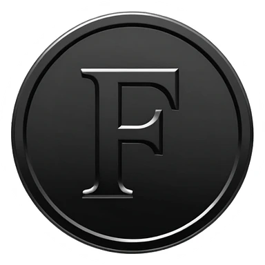 Emoji icon of a black coin with engraved letter F, minimalist style, isolated, only black color sticker