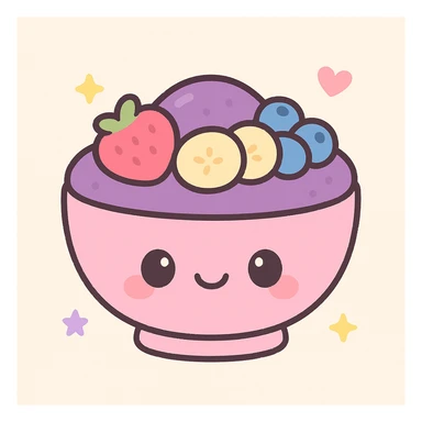 Mighty Purple acai bowl, kawaii style, cute face on bowl, purple acai, playful fruit toppings sticker